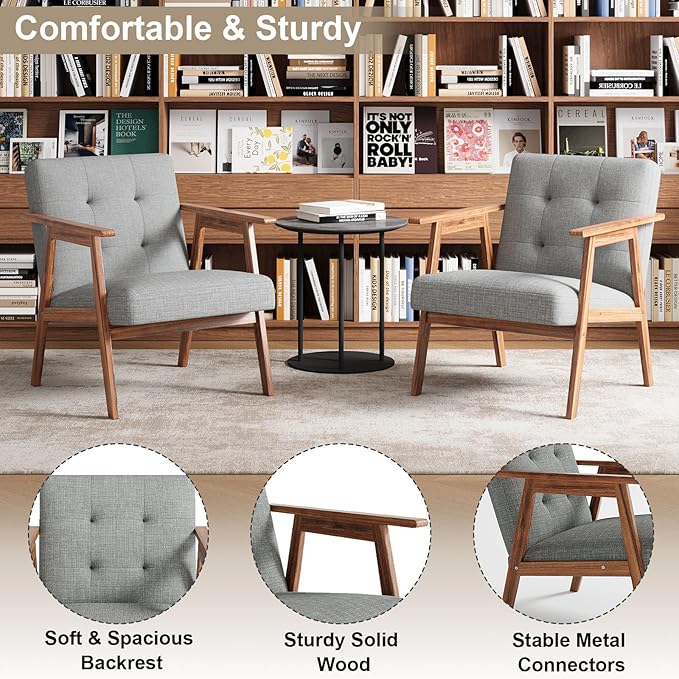 Accent Chair Upholstered Fabric Lounge Chair with Solid Wood Frame &amp Soft Cushion for Living Room Bedroom Balcony Gray