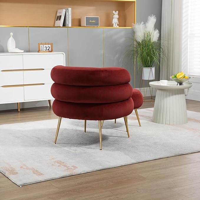 Velvet Oversized Armchair Accent Chair with Ottoman Mid-Century Modern Living Room Chairs Single Sofa Chair with Metal Legs Upholstered Tufted Reading Chairs for Bedroom Office (Wine Red)