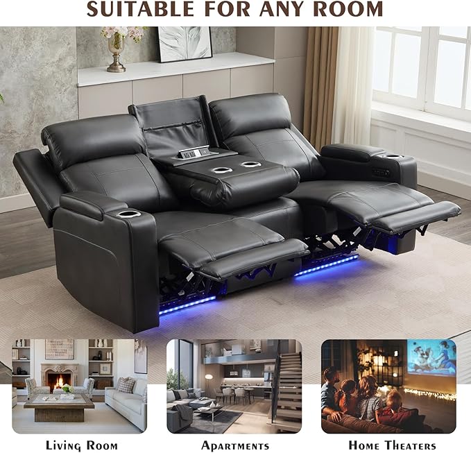 Power Reclining Sofa with Adjustable Headrest/LED Light Electric Reclining Couch with Dual Ports Storage Outlet Power Loveseat Recliner Sofa for Living RoomApartment (Dark Grey 3 Seater)