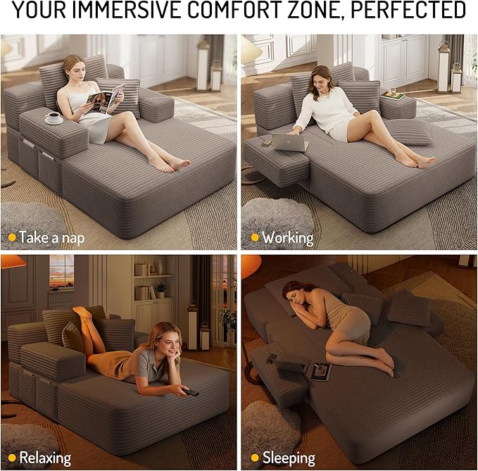 Oversized Convertible Chaise Lounge Chair Indoor Corduroy Upholstered Boneless Sleeper Sofa Bed with Side Pockets Modern Deep Seat Cloud Couch Reading Chairs for Living Room (Coffee)
