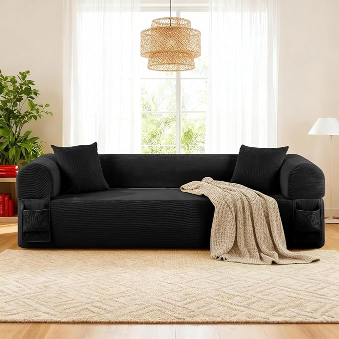 3 Seater Sofa Couch for Living Room (Black 30 D + 2 Pillows)