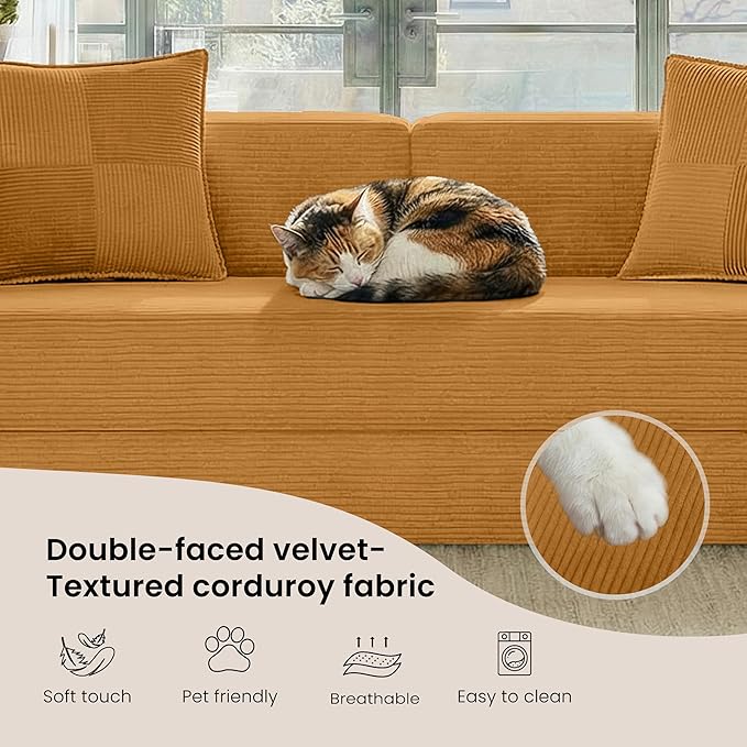 Belhome 78.8 Convertible Sofa Bed Futon Sofa Bed with Side Pocket Corduroy Pull Out Futon Sofa Boneless Couch for Living RoomsNo Assembly Required Yellow