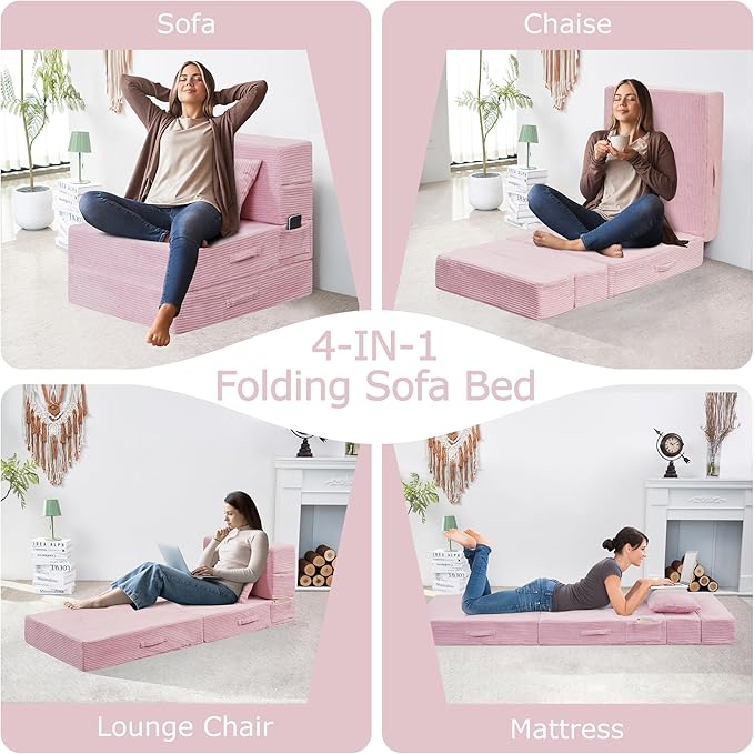 Folding Sofa Bed 4 in 1 Convertible Sleeper Chair with Pillow Single Memory Foam Fold Out Chair Bed Modern Floor Futon Sofa Couch Mattress for Living Room/Guest/Apartment Pink