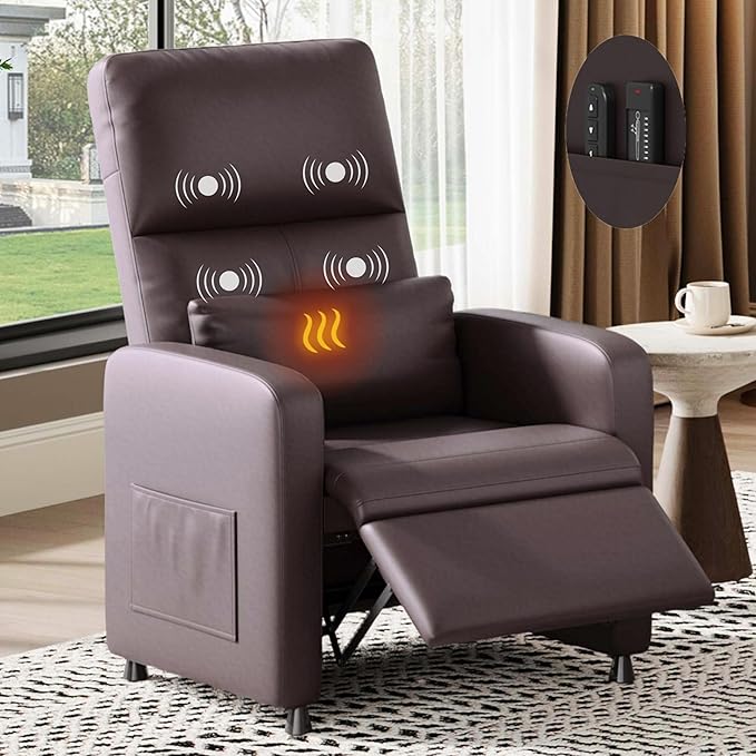 GarveeHome Power Recliner Chair - Heat and Massage Adjustable Electric Recliner Ergonomic PU Leather Single Sofa Tall Back Padded Seat Home Theater Seating for Living Room