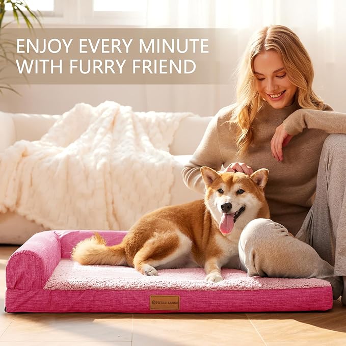 Patas Lague Orthopedic Jumbo Dog Bed for Extra Large Dogs 56''X40'' Waterproof L Bolster Pet Sofa Beds with Removable Washable Cover Soft Comfortable Pet Couch Crate Mat with Nonskid Bottom Pink