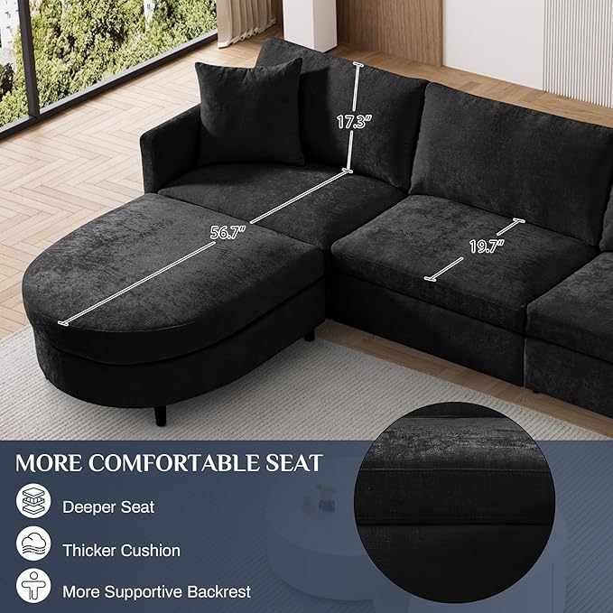 L Shaped Sectional Sofa Couch 106.7 Comfy Chenille 4 Seat Deep Seat Sofa Set with 2 Pillows &amp Convertible Ottoman Modern Modular Cloud Couch for Living Room Office Apartment Black