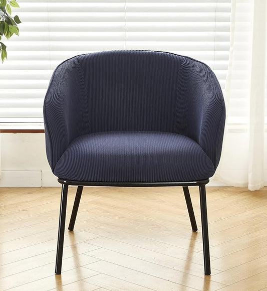 Modern Corduroy Accent Chair with Channel Back Design Black Metal Legs and Soft Upholstery Comfortable Seating for Living Room Bedroom or Office Blue
