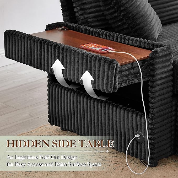 68 Cloud Loveseat with Ottoman Set USB Ports &amp Storage Wooden Side Table Comfy Plush Corduroy Upholstered Love Seat Modern Oversized Deep Seated Grey Sectional for Living Room Black