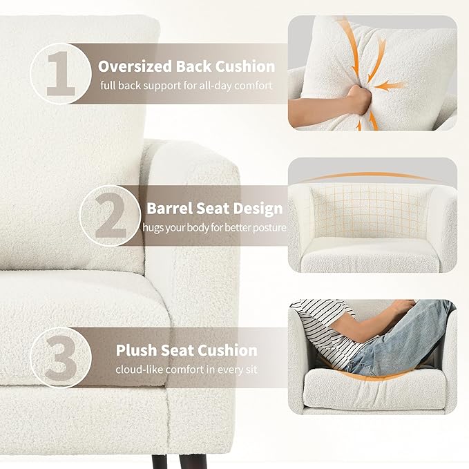 cinkehome Accent Chair Set of 2 for Living Room Modern Upholstered Teddy Barrel Arm Chair Large Pillow Solid Wood Legs