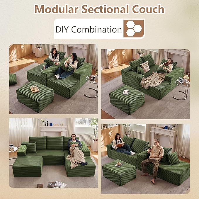 107 Modular Sectional Sofa with Ottoman Modern Corduroy Cloud Couch with Deep Seat Boneless Couch Upholstered 3-Seater U-Shaped Sofa for Living Room No Assembly (Green Right-Facing Chaise)