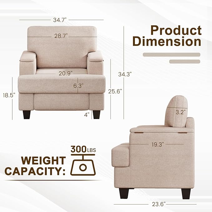 Furniliving Modern Oversized Accent Sofa Chair Comfortable Living Room Lounge Armchair with Storage Armrest Upholstered Reading Gaming Chair for Apartment Living Room Bedroom Beige