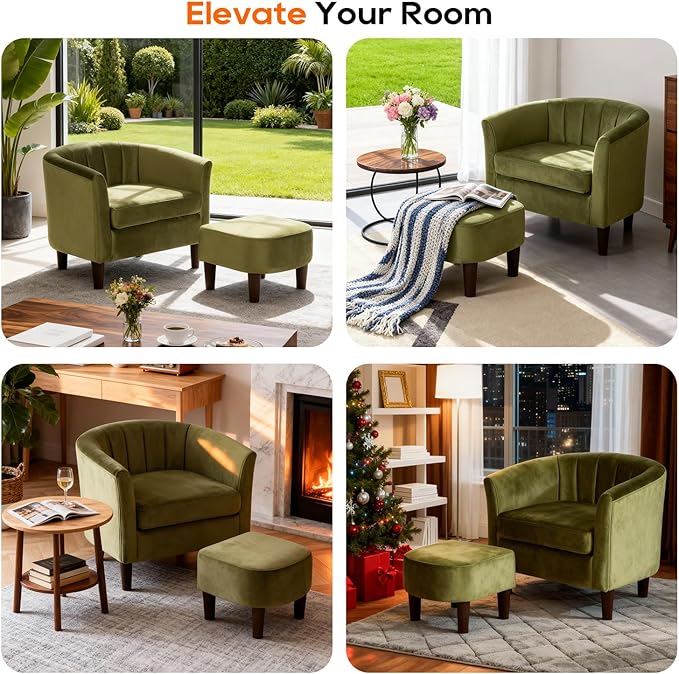 PayLessHere Accent Chair with Ottoman Cozy Velvet Armchair for Reading and Relaxing Modern Living Room Chair for Bedroom Living Room &amp Apartment (Green)