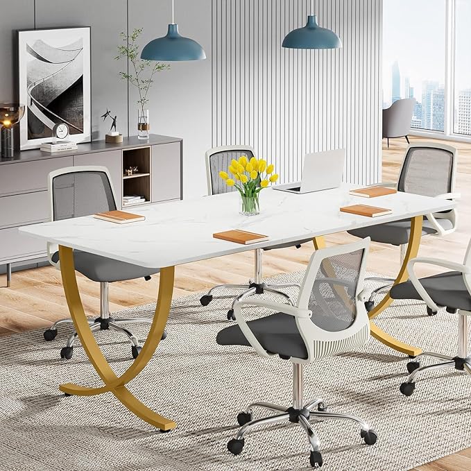 Tribesigns Executive Desk 63” W x 31.5” D Large Office Desk Modern Computer Desk Conference Table Meeting Room Table Business Furniture for Home Office White and Gold