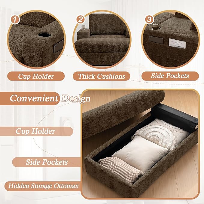 Oversized Chaise Lounge Chair Indoor with Storage Armrest &amp Ottoman Sleeper Chair with Cup Holder Deep Seat Faux Fur Upholstered Couch Sofa Bed Reclining Chair for Living Room Bedroom Brown
