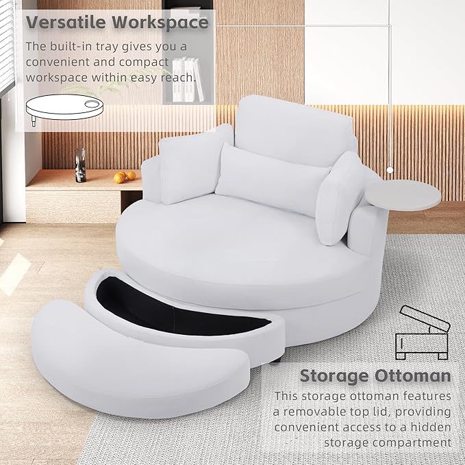 51'' Accent Swivel Barrel Chair with Storage Ottoman Modern Oversize Round Swivel Leisure Armchair for Living Room Hotel Club Lounge White