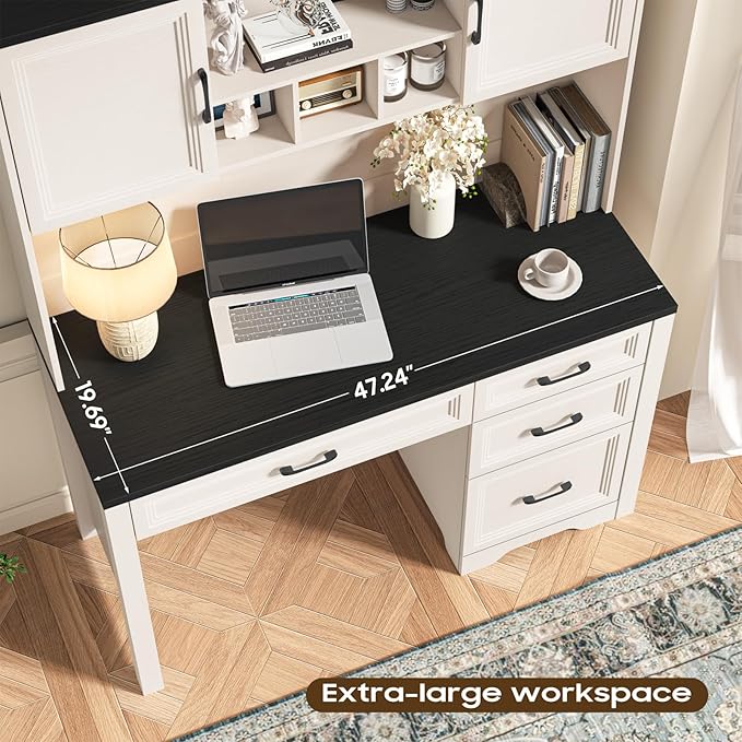 Vabches Farmhouse Executive Desk with 4 Drawers and Storage Cabinet Rustic Large Home Writing Desk with Hutch Workstation for Bedroom Black.