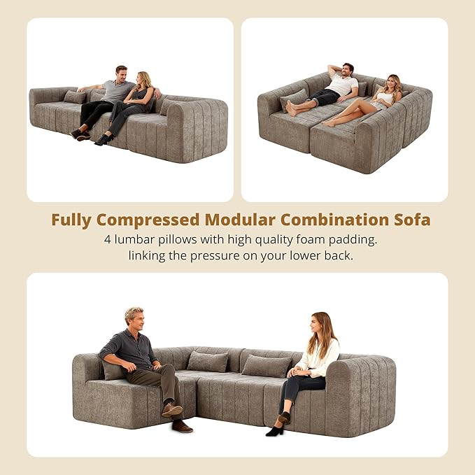 Christopher Knight Home Flarin 145.5 Convertible Sectional Sofa Couch L-Shape Home Sofa Living Room 4 Seat Sectional Sleeper Sofa Fabric Upholstered Comfy Cloud Couch No Assembly Light Brown
