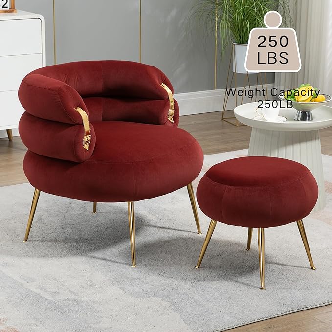 Velvet Oversized Armchair Accent Chair with Ottoman Mid-Century Modern Living Room Chairs Single Sofa Chair with Metal Legs Upholstered Tufted Reading Chairs for Bedroom Office (Wine Red)
