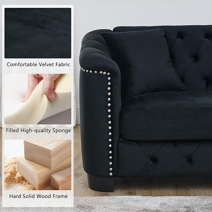 mikibama Modern Chesterfield Velvet Loveseat Sofa 59 Inch Sectional Sofa Luxury 2 Seater Upholstered Tufted Couch with Nailhead Arms and 2 Pillows for Living Room Bedroom Apartment(Black)