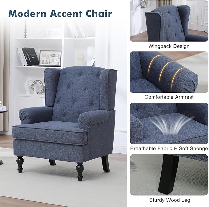 Accent Chair Set of 2 Mid Century Modern Fabric Wingback Chair Upholstered Armchair with High Back and Vintage Legs Comfy Single Sofa Side Reading Chair for Living Room Bedroom Blue