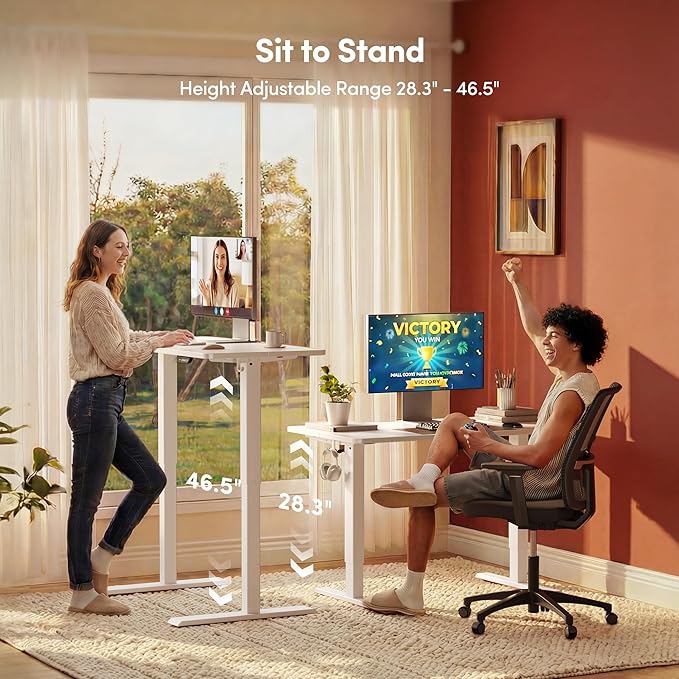FEZIBO 48 x 24 Inchs Electric Standing Desk Height Adjustable Sit Stand Up Computer Office Desk with Splice Board White Frame/White Top
