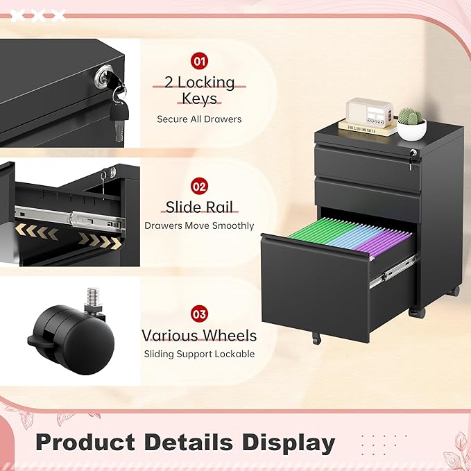 Superday Black File Cabinet 3 Drawer Fully Assemble Metal Rolling Vertical Filing Cabinet with Wheels Small Under Desk File Cabinets for Home Office