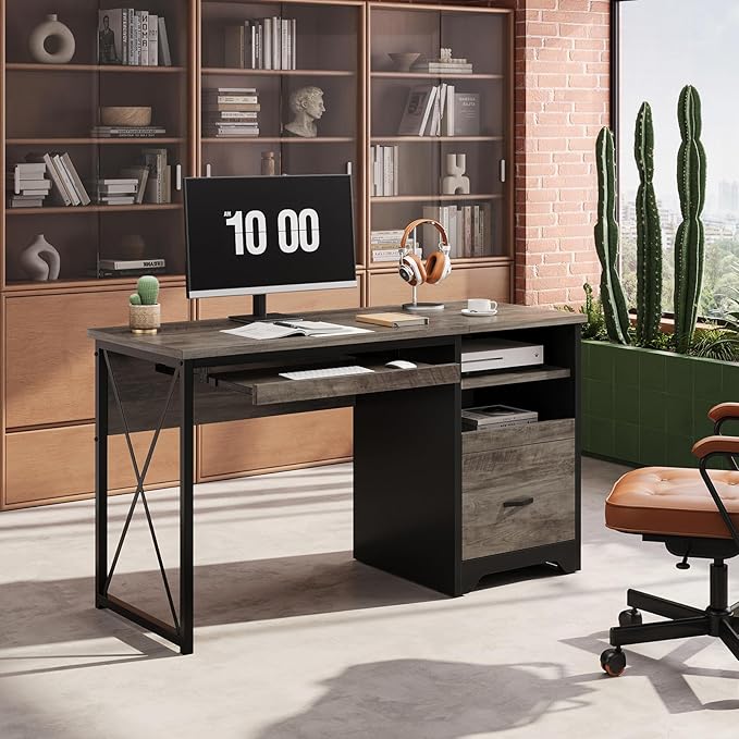Bestier 47 Office Desk with Drawers Industrial Computer Desk with Drawer Reversible Teacher Desk with Storage &amp Keyboard Tray for Small Space Home Office &amp Studio Gray Wash