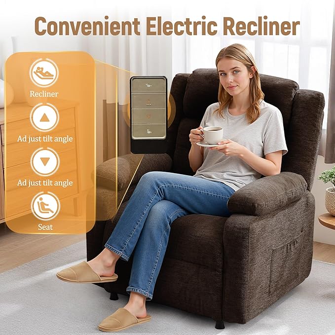 Power Recliner Chair for Adults Oversized Electric Recliner with Thickened Cushions Chenille Fabric Reclining Chair for Living Room Bedroom Brown