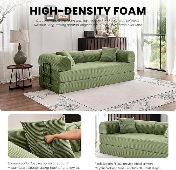 79 5-in-1 Convertible Sofa Bed Luxe Comfort Sleeper with Sturdy Frame No Assembly Corduroy Couch for Living Room Apartment &amp Relaxation Light Green
