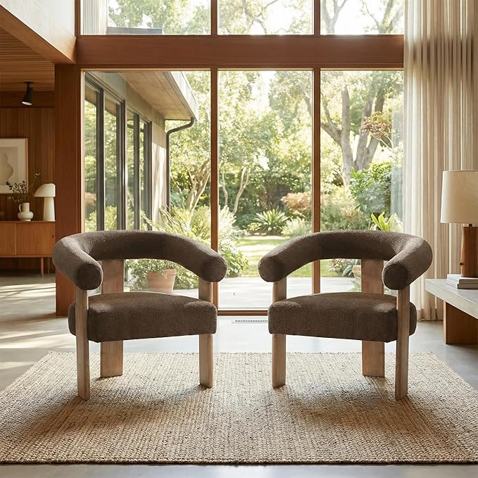VKNOW Accent Chair Living Room Chairs Set of 2 Modern Upholstered Arm Chair with Solid Wood Legs Comfy Barrel Accent Chairs for Living Room Bedroom Brown