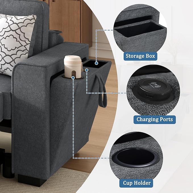 83.9 Convertible Sectional Sofa Bed Chenille L-Shaped Sofa with Dual Pull-Out Sleepers Flip-Top Table USB Ports Cup Holder &amp Storage for Living Room Office Apartment (Dark Gray-7.22)