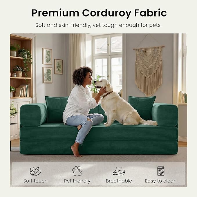 78.8 Convertible Sofa BedCorduroy Futon Couch with Storage PocketFolding Pull Out Futon SofaNo Assembly Boneless Couch for Living Room Emerald Green | Convertible Sofa Bed Boneless Couch sofa f