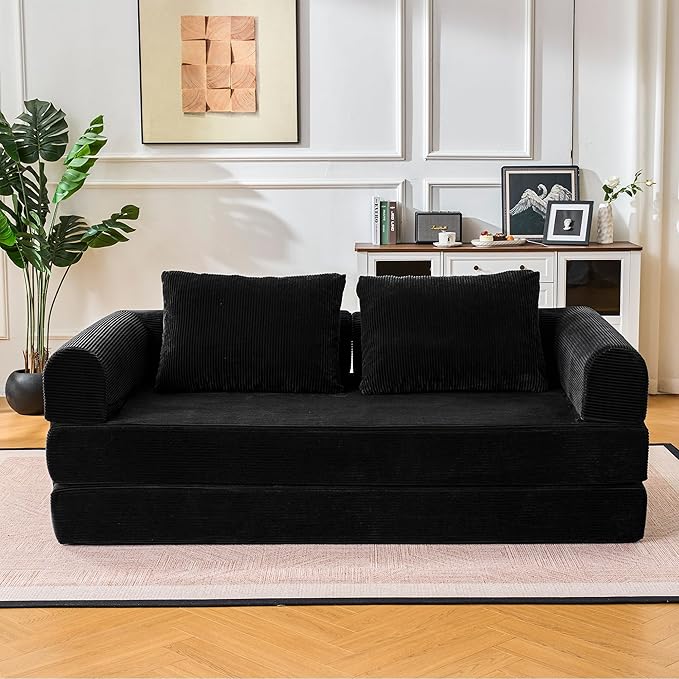 79 Convertible Sleeper Sofa Bed Oversized Corduroy Floor Couch with 2 Pillows Pull Out Memory Foam Mattress Guest Bed High-Density Sleeper Loveseat for Living Room Apartment [Black]