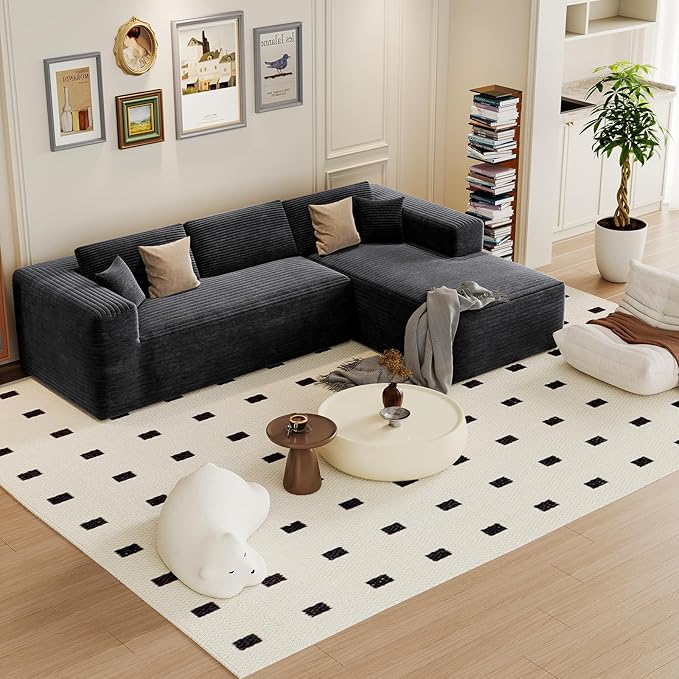 108” Boneless Couches for Living Room L-Shape Modular Sectional Sofa Couches High Rebound Sponge Comfy Fluffy Corduroy Cloud Couch with Oversized Chaise and Deep Seat (Charcoal Black)