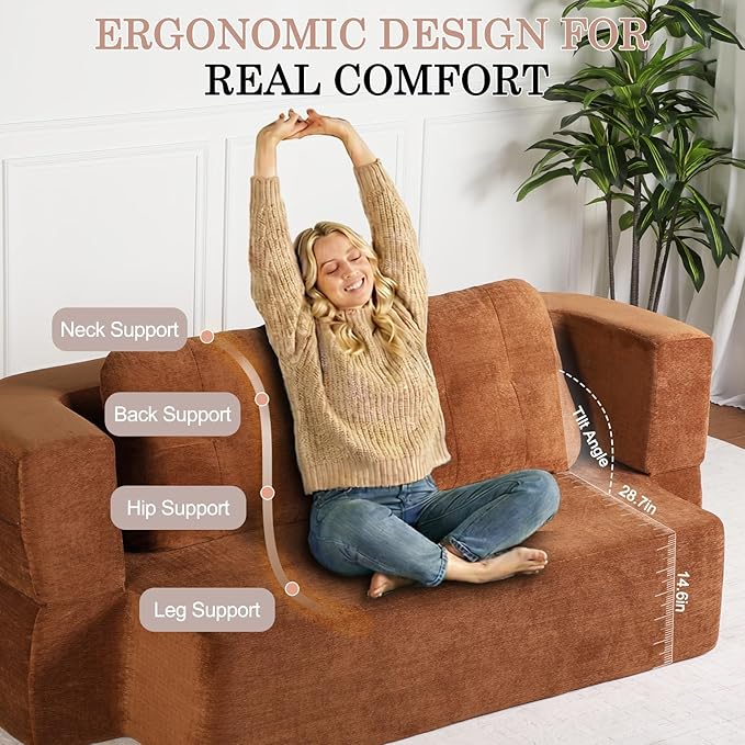 Folding Sofa Bed 78.7 Extra-Long Convertible Sofa Bed with 2 Pillows &amp Blanket 14.6 Thick High-Density Foam Boneless Couch for Bedroom Living Room Apartment Brown