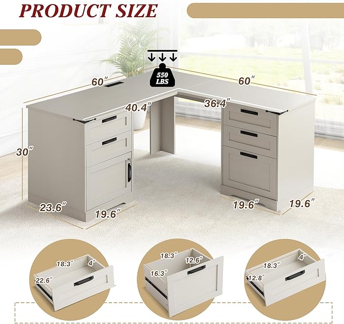 Grepatio 60 L Shaped Executive Desk with Drawers Farmhouse Corner Desk with USB Charging Station 2 Person Home Office Computer Writing Desks with Storage Key Lock Filing Cabinet (Grey)