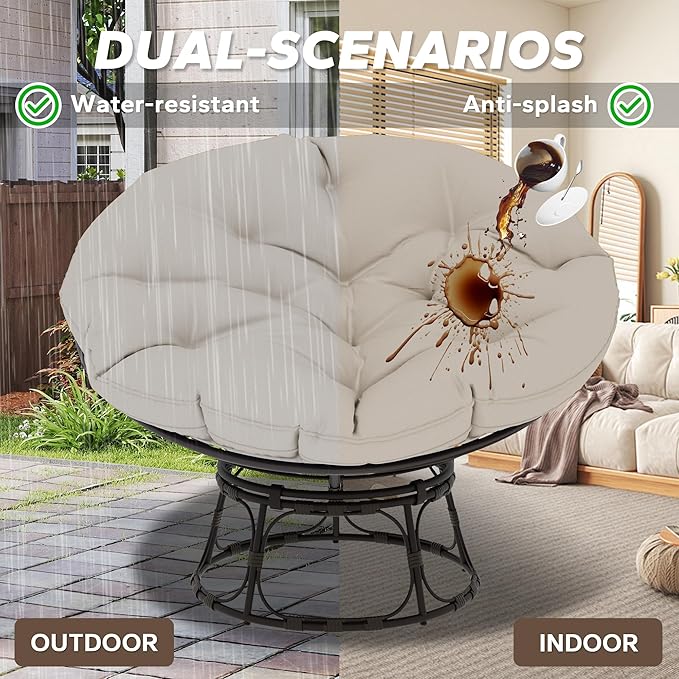46'' Large Size Papasan Chair (Non-Swivel) with Cushion and Frame Lazy Circle Round Chair for Bedroom and Living Room Beige