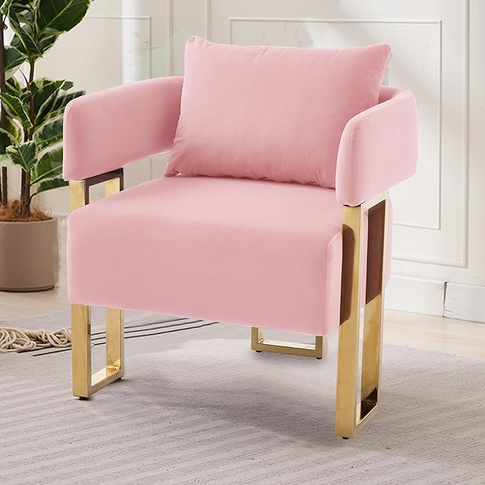 YITAI Modern Accent Chairs no Wheels Living Room Side Chairs Set of 2 with Golden Metal Legs Barrel Soft Velvet Upholstered Reading Armchairs for OfficeReception RoomBedroomLoungePink