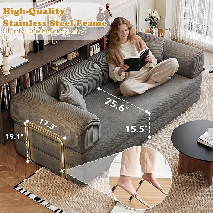 78.8 Corduroy Convertible Sofa Bed with Stainless Fixed-Shape Frame 4-in-1 Boneless Loveseat with Pull-Out Bed Lounge Futon Sofa Couch Floor Mattress for Living Room No Assembly Required(Grey) | C