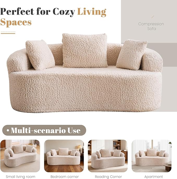 Premium Curved Loveseat Sofa Full-Compression 2-Seat Couch with Enhanced Back Support Modern Fabric Loveseat with Pillows Compact Luxury Sofa for Living Room or Apartment (Cream)