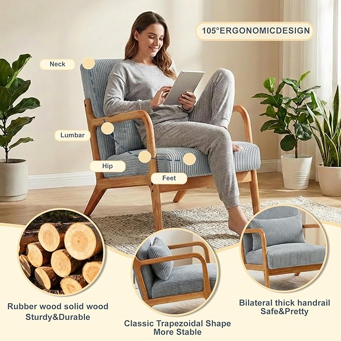 Mid Century Modern Accent Chair Upholstered Corduroy Armchair with Lumbar Pillow Solid Rubberwood Frame for Living Room Bedroom Waiting Room Light Grey