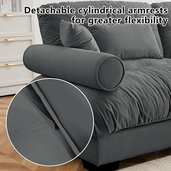 Oversized L Shaped Sectional Sofa 3 Seater Modular Velvet Cloud Couch with Ottoman Large Fluffy Couch Set for Living Room Grey