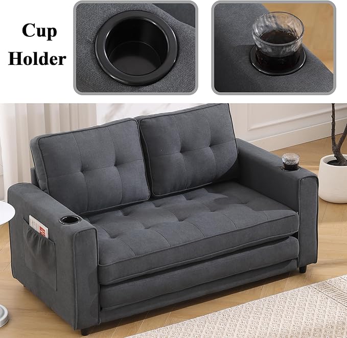 55 Loveseat Sofa Bed 3-in-1 Pull Out Floor Couch with Side Pockets &amp Cup Holder Floor Sofa Bed for Living Room Bedroom &amp Guest Room (Dark Gray)