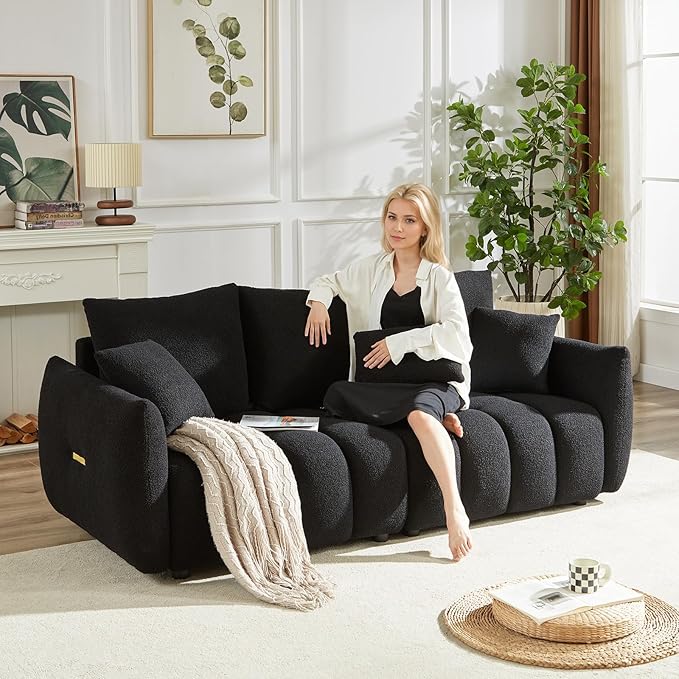 Antetek 78 Modern Sofa Couch Comfy Deep Seat Teddy Cloud Sofa Upholstered 3-Seater Boucle Couch Oversized Loveseat for Living Room Bedroom Office Apartment Black