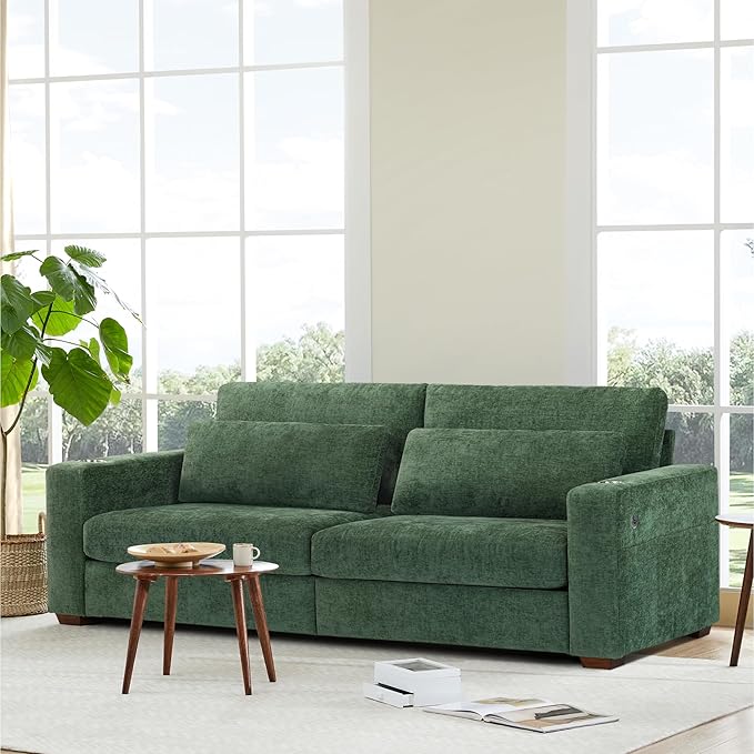 89 Sofa Couch for Living Room Chenille Upholstered Couch with Deep Seats and Wide Armrests 3 Seater Comfy Sofa with Cup Holders USB &amp Type-C Ports Spring Cushion Solid Wood Frame Green