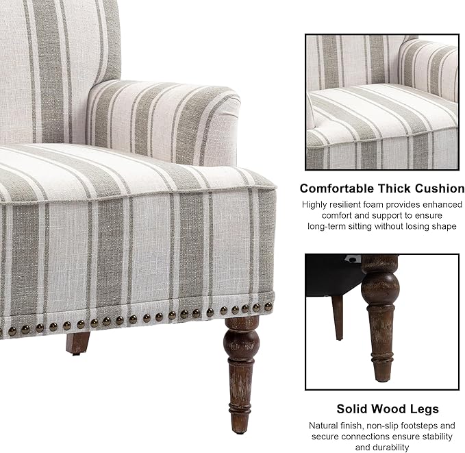 Accent Chair Mid Century Modern Comfy Armchair for Living Room Linen Fabric Single Sofa Lounge for Reading Bedroom Apartment Waiting Room with Wood Legs (Brown Stripe Set of 1)