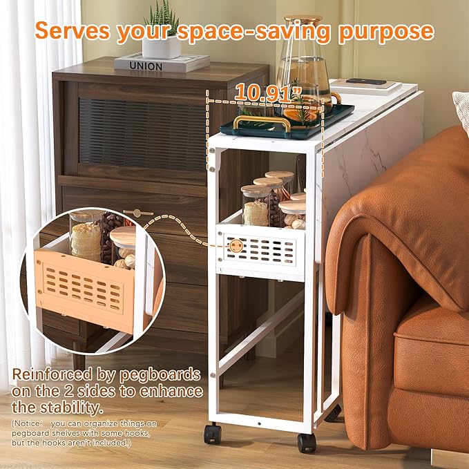 Gezen Folding Desk With Storage Shelf Small Rolling With Wheels Mobile Couch Sofa Side Table Bed for Home Office Small Space White Marble 39.4