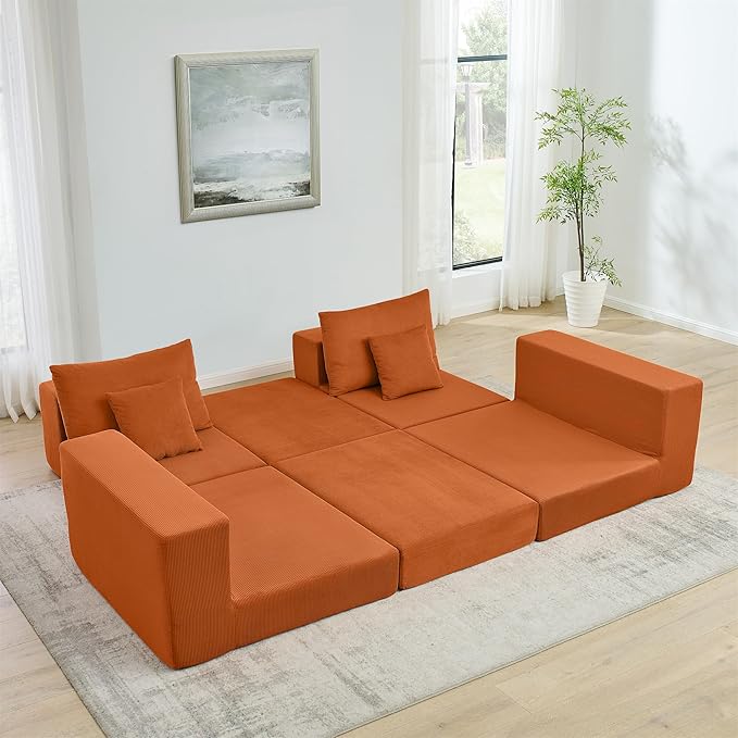 Modular Cloud Sectional Sofa Couch for Living Room Comfy Corduroy Sleeper Sofa Bed with Reversible Chaise Modern L-Shaped Sleeper Couch Bed with Deep Seat Orange
