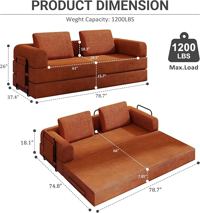 Convertible Sleeper Sofa Bed 3-Seat Corduroy Futon Couch with Cylindrical Pillow Foldable Mattress for Living Room &amp Bedroom 79 Inch Multi-Functional Sofa (Orange)