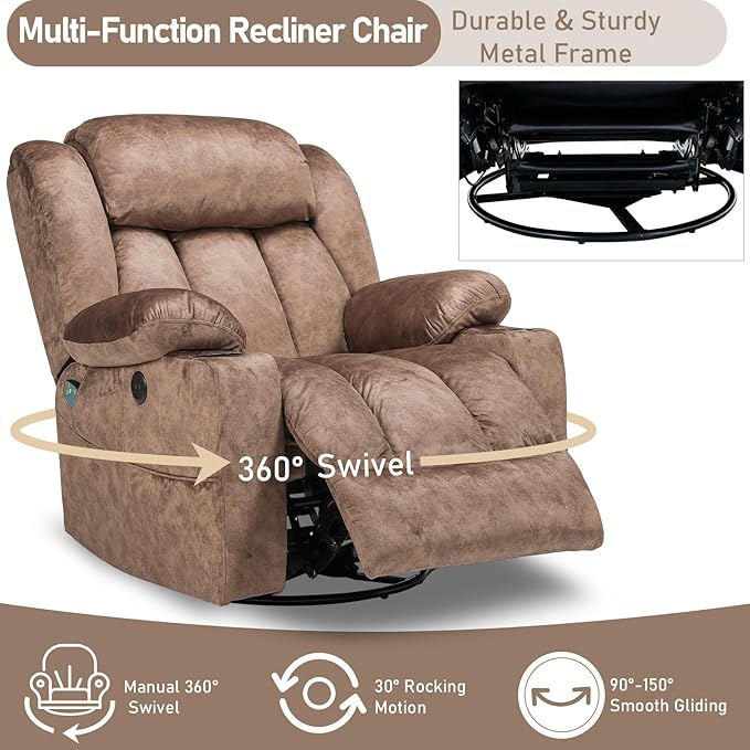Swivel Rocker Recliner Chair with Heat and Massage Manual Glider Rocking Reclining Chair 360° Swivel Overstuffed Lounge Chair with 2 Cup Holders Side Pockets &amp USB Ports Fabric Brown